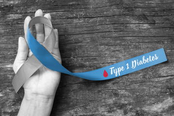 Sticker - World diabetes day with grey Blue ribbon awareness with red blood drop for diabetic disease type 1 campaign, symbolic bow color  isolated with clipping path on helping hand support