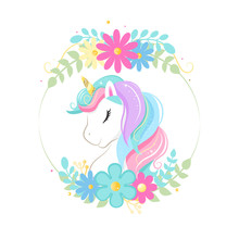 Cute Magic Cartoon Unicorn Head With Frame Of Flowers. Illustration For Children