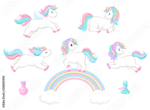 Fotografía Set of cute magic cartoon unicorn. Illustration for children
