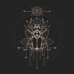 Wall Mural - vector illustration with hand drawn stag beetle and sacred geometric symbol on black vintage backgro
