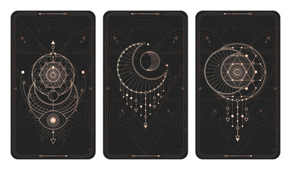 Wall Mural - vector set of three dark backgrounds with geometric symbols, grunge textures and frames.