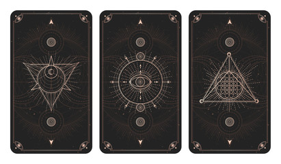 Wall Mural - vector set of three dark backgrounds with geometric symbols, grunge textures and frames.
