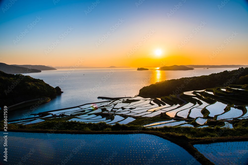 Doya Tanada, sunset on the rice field, kyushu, japan Stock Photo ...