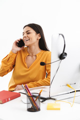 Sticker - Portrait of caucasian customer supporter woman using smartphone while working in call center