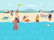 © radoma - Summer holidays. Vacation scene with multiple people on sandy beach. Flat design illustration.