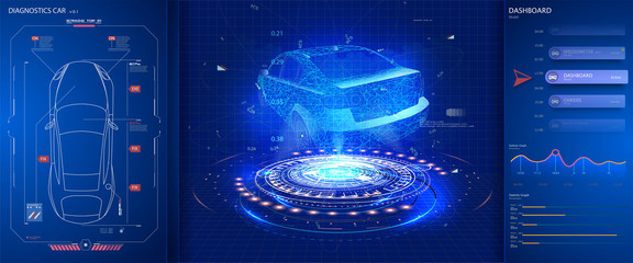 Aufkleber - Car service. Hardware diagnostics condition of the car in style HUD. Scanning, test, monitoring, analysis, verification car. Car auto service, mechanisms top view. Vector Illustration 