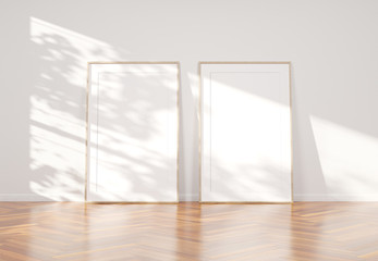 Aufkleber - Wooden frame leaning in bright white interior with wooden floor mockup 3D rendering