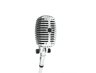 3D rendering of a classic metal chrome microphone isolated on white background