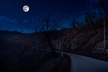 Wall Mural - mountain road through the forest on a full moon night. scenic night landscape of country road at nig