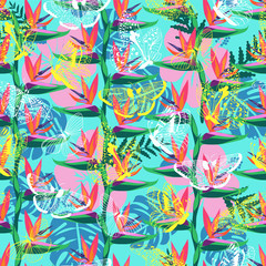  pattern with the bird of paradise flower (Strelitzia )and butterflies exotic background.