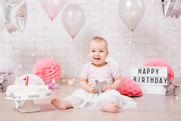 Wall Mural - first birthday concept - funny dirty girl and smashed birthday cake with lights and balloons