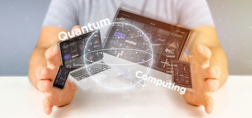 Poster - Businessman holding Quantum computing concept with qubit and devices 3d rendering