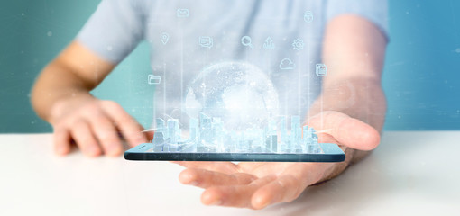 Poster - Businessman holding Smart city user interface with icon, stats and data 3d rendering