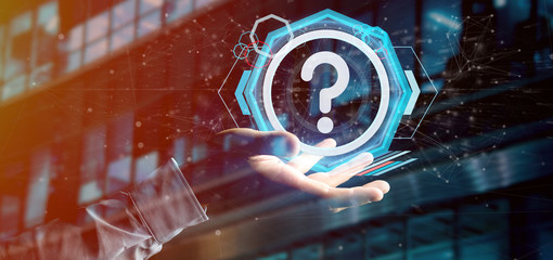 Poster - Man holding a Technology question mark icon on a circle 3d rendering