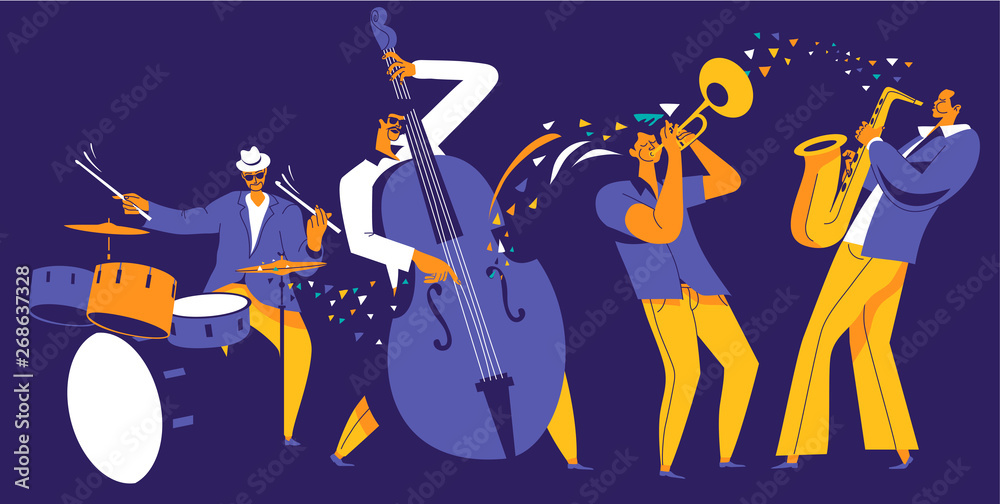 Jazz quartet. Musicians with abstract music wave on dark blue background. - obrazy, fototapety, plakaty 