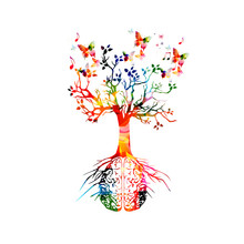 Colorful Human Brain With Growing Tree Vector Illustration Background. Creative Thinking, Ideas And Brainstorming, Education