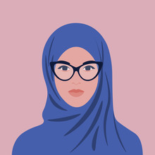 Portrait Of An Arabian Woman In Hijab And Glasses. Muslim Girl Avatar. Vector Flat Illustration