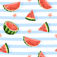 Wall Mural - Modern seamless tropical pattern with watermelon and flower. Summer vibes. Texture for textile, postcard, wrapping paper, packaging etc. Vector illustration on striped blue background.