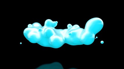 Poster - 3D illustration of many blue drops of cold liquid, disintegrating and merging into a total mass. Abstract, futuristic background image. 3D rendering, on a black background, isolated.