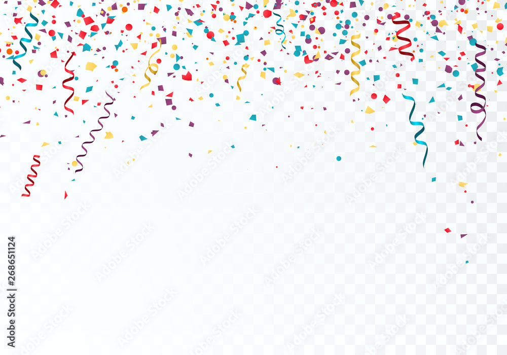 Celebration or festival colorful background template with falling paper confetti and ribbons. Vector illustration isolated on transparent background - obrazy, fototapety, plakaty 