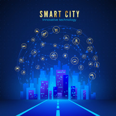 Poster - smart city or iot concept. road leading to city landscape in blue color and global web with smart sy