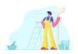 © Pavlo Syvak - Home Repair Worker with Roller for Wall Painting. Professional Construction Master in Uniform Overalls Stand on Background with Ladder, Paint Buckets and Equipment . Cartoon Flat Vector Illustration