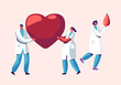 © Sergii Pavlovskyi - Healthcare, Transplantation, Blood Donation Male and Female Characters in Medical Uniform, Doctors, Nurses Carry Huge Heart and Blood Drop in Hands. Donor Charity Cartoon Flat Vector Illustration
