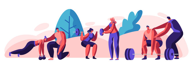 Wall Mural - People Training in Gym with Coach Help. Male and Female Characters in Sports Wear Workout with Weight and Dumbbells. Training, Exercises, Sport Activity, Healthy Life. Cartoon Flat Vector Illustration