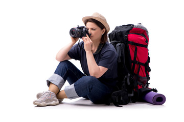 Sticker - Aged female tourist isolated on white 