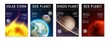 Space posters. Spaceman travelling, astronaut exploring in outer space, universe trip cover fanciful galaxy vector images