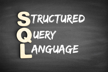 Poster - Wooden alphabets building the word SQL - Structured Query Language acronym on blackboard