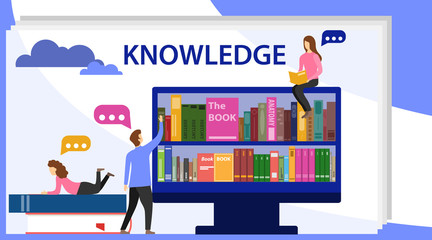 Poster - knowledge concept. a man pulls a book from the computer screen. men and women read books. book libra