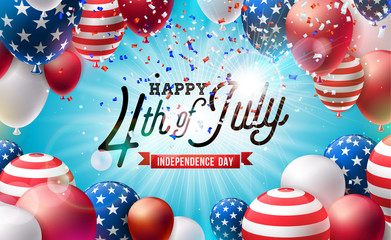 4th of July Independence Day of the USA Vector Illustration. Fourth of July American National Celebration Design with Colorful Air Balloon and Typography Letter on Falling Confetti Background for