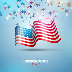 4th of July Independence Day of the USA Vector Illustration. Fourth of July American national Celebration Design with Flag and Stars on Blue and White Confetti Background for Banner, Greeting Card