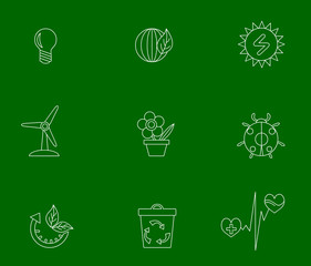 Simple set of eco related line icons. Contains icons such as energy saving, insect protection, waste recycling, organ donation, zero waste, alternative electricity, restoration of natural resources, e