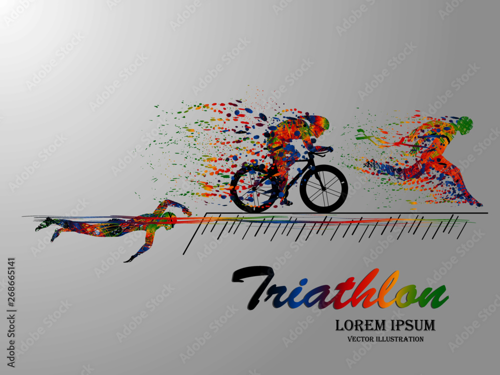 Visual drawing swimming, cycling and runner sport at fast of speed in triathlon game, colorful beautiful design style on white background for vector illustration, exercise sport concept - obrazy, fototapety, plakaty 