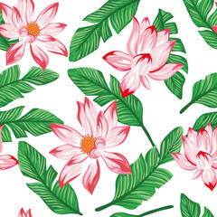 Wall Mural - Flowers banana leaves seamless white background