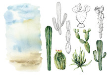 Watercolor And Sketch Set With Desert Landscapes. Hand Painted Constructor With Mexican Cactus, Agava, Sky And Clouds. Botanical Illustration Isolated On White Background For Design, Print, Fabric.