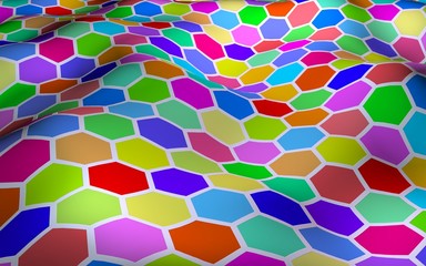 Honeycomb multi-colored. Perspective view on polygon look like honeycomb. Wavy surface. Isometric geometry. 3D illustration