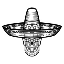 Mexican Sugar Skull In Sombrero. Day Of The Dead Theme. Design Element For Poster, T Shirt, Emblem, Sign.