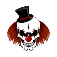 Sticker - Vector image of a clown skull in a cylinder hat with red hair. Image on white background.