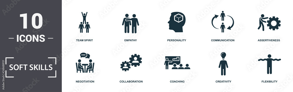 Soft Skills icons set collection. Includes simple elements such as Self-Confidence, Negotiation, Collaboration, Coaching, Creativity, and Nuclear Energy premium icons - obrazy, fototapety, plakaty 