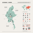 Vector map of Myanmar. Country map with division, cities and capital Naypyidaw. Political map,  world map, infographic elements.