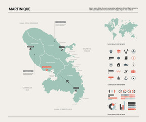  Vector map of Martinique. Country map with division, cities and capital Fort-de-France. Political map,  world map, infographic elements.