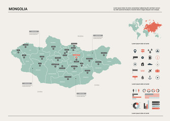  Vector map of Mongolia. Country map with division, cities and capital Ulaanbaatar. Political map,  world map, infographic elements.