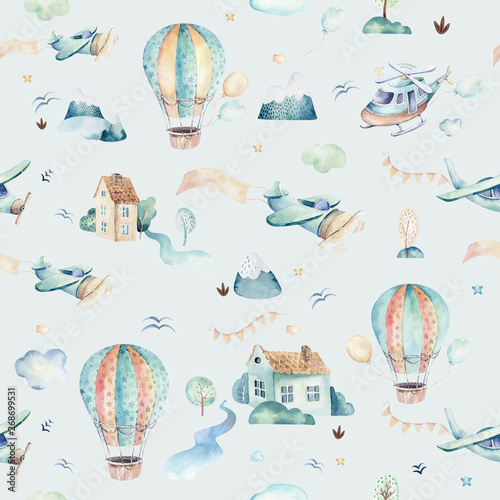 akwarela-zestaw-ilustracji-tla-cute-cartoon-i-fantazyjne-sceny-niebo-wraz-z-samolotow-helikopterow-samolot-i-balony-chmury-chlopiec-bezszwowy-wzor-to-projekt-prysznica-dla-dzieci