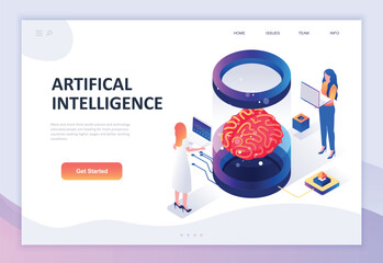 Aufkleber - Modern flat design isometric concept of Artificial Intelligence decorated people character for website and mobile website development. Isometric landing page template. Vector illustration.