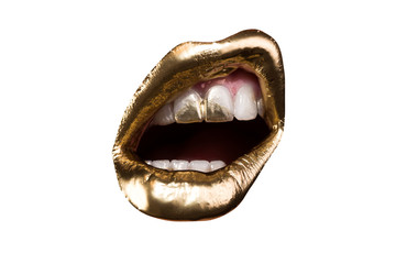 Wall Mural - Isolated lip. Golden lips, portrait. White teeth with gold. Wealth. Luxury. Glamor life.