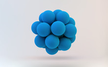 Molecule 3D Concept Illustration. Abstract Spheres. Blue Balls. Concepts Of Chemistry Research, Graphic Of Molecule Structure. Group Of Atoms. Science Element For Design Or Banner Background.