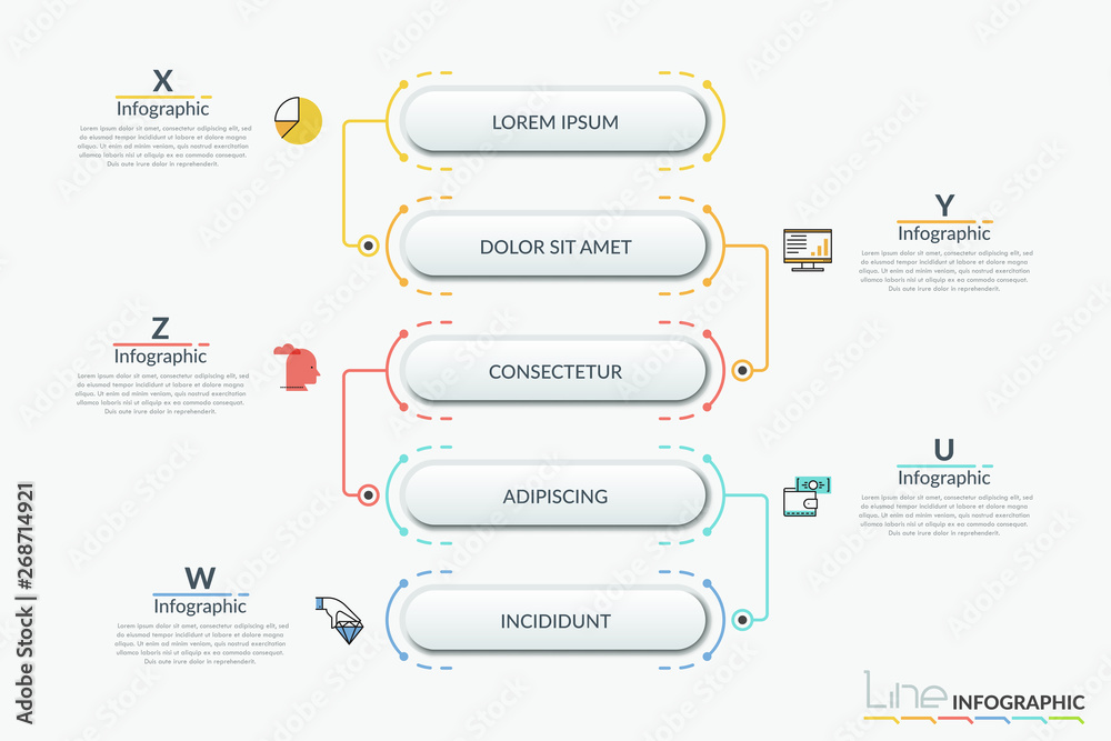 Vertical flowchart with connected 5 rounded elements. thin line symbols and text boxes. Hierarchical scheme, workflow diagram. Infographic design template. Vector illustration for presentation. - obrazy, fototapety, plakaty 